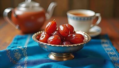 The image showcases a gleaming bowl of ripe dates on a vibrant blue fabric, accompanied by a traditional teapot and a cup of tea, highlighting the cherished customs of Ramadan.