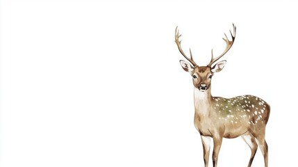Watercolor illustration of a brown deer with antlers and white spots on its coat isolated on a white background