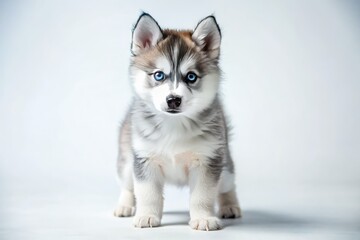 Fototapeta premium Blue-eyed Pomsky puppy, captivatingly cute, posed against a pristine white backdrop.