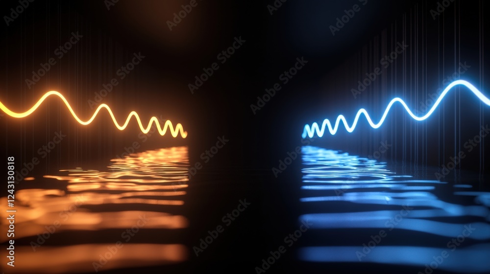 Poster dynamic light waves interacting with water abstract setting digital art energetic environment close-