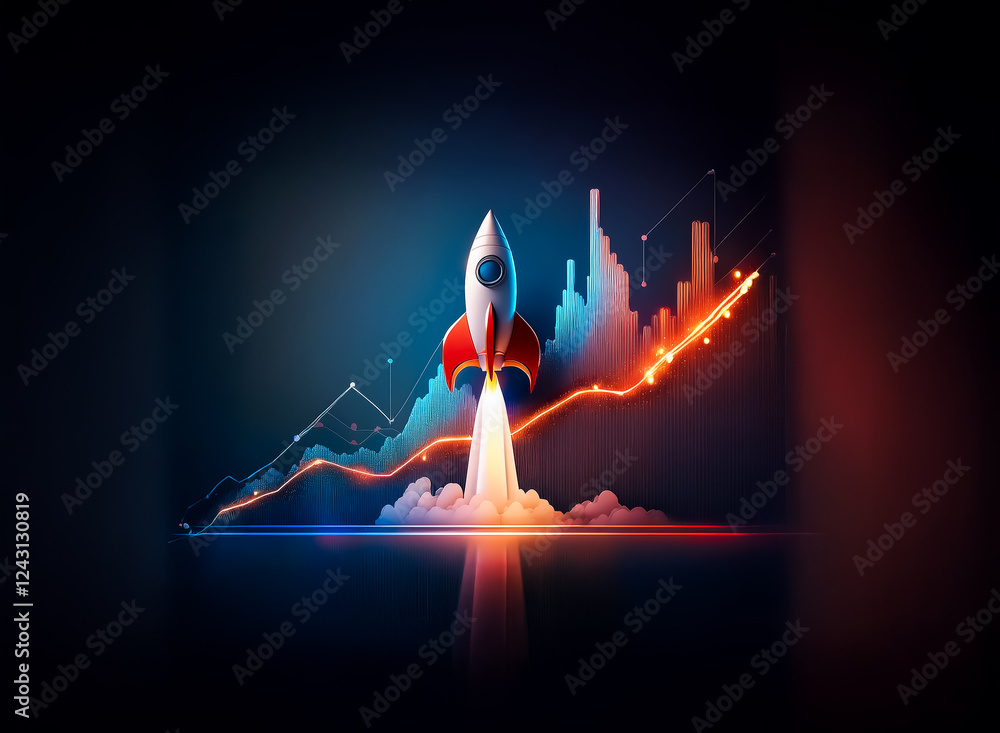 Poster a rocket takes flight, symbolizing growth against a backdrop of rising financial charts. success and