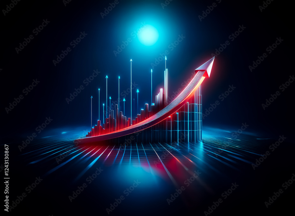 Poster illuminated graph with red arrow pointing upwards on a dark blue background, symbolizing progress an