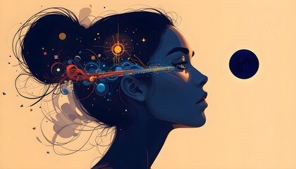 A woman gazes into her future, filled with cosmic wonders and vibrant energy. Perfect for dreams, aspirations, and creative themes.