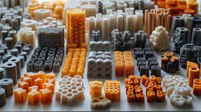 A vibrant collection of 3D printed objects in various shapes and colors arranged artistically