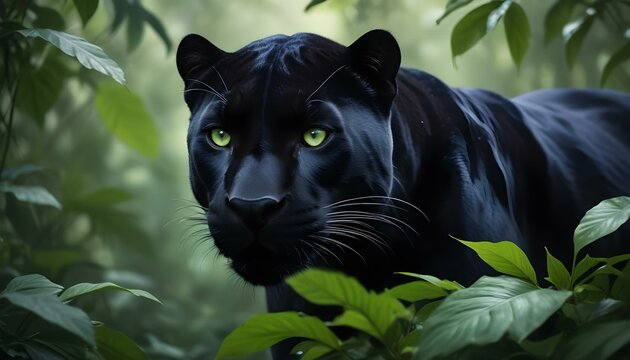 Peligroso animal pantera negra, hojas verdes, ojos verdes, selva, retrato, hiperrealista, fotograf&radic;&ne;a documental profesional, luz p&radic;&deg;lida difusa
