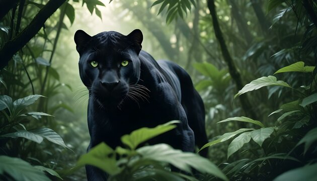Peligroso animal pantera negra, hojas verdes, ojos verdes, selva, retrato, hiperrealista, fotograf&iacute;a documental profesional, luz p&aacute;lida difusa