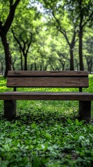 Naklejka premium Park bench surrounded by green trees and grass for relaxation and leisure activities