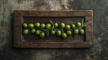 Flat lay of fresh green olives on a rustic board, Greece Oxi Day.