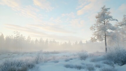 A serene winter landscape in the Scandinavian region, with snow-covered fields and forests
