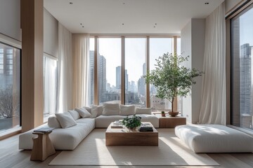 Fototapeta premium Modern living room with large windows and city view