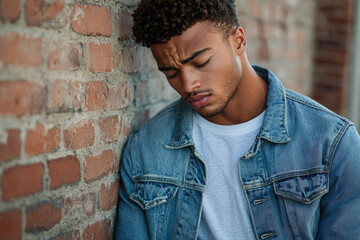 Obraz premium A young man with curly hair leans against a brick wall, wearing a denim jacket and a white t-shirt, appearing pensive.