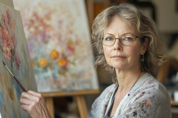 A mature female artist paints a floral still life, showcasing her talent and passion.
