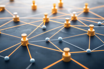 Network of connected pins on dark surface