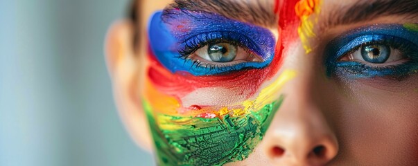 Obraz premium Close-up of a young woman with rainbow makeup looking forward