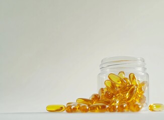 Close-up of fish oil softgels spilling out from a plastic jar on a white background. The product is used for health and skin care, with copy space for text or design. Stock photo with space for text.