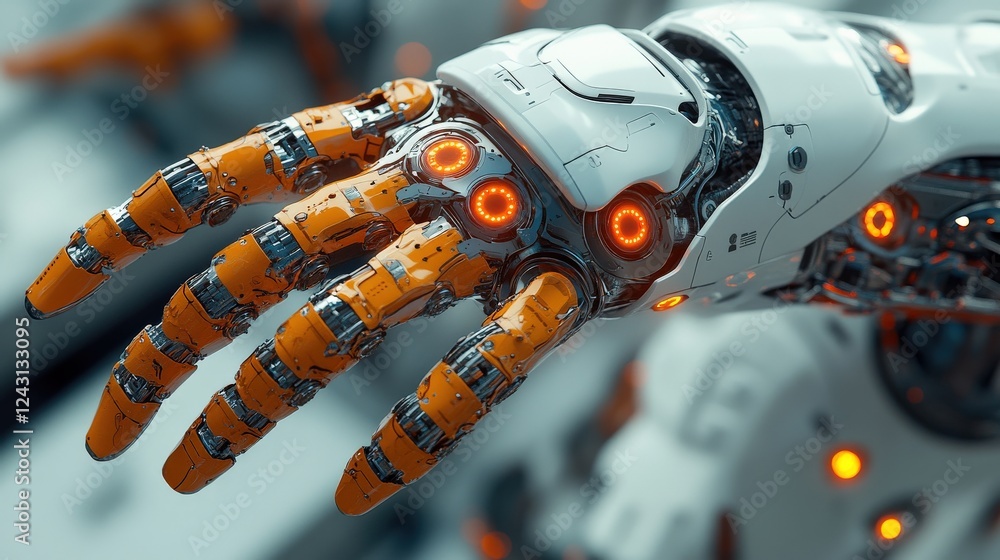 Poster futuristic robotic hand with glowing elements reaching out in a high-tech laboratory setting