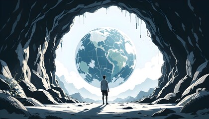 Explore a breathtaking scene where a lone figure stands at the mouth of a cave, gazing at a massive moonlit landscape. Perfect for adventure and exploration themes.