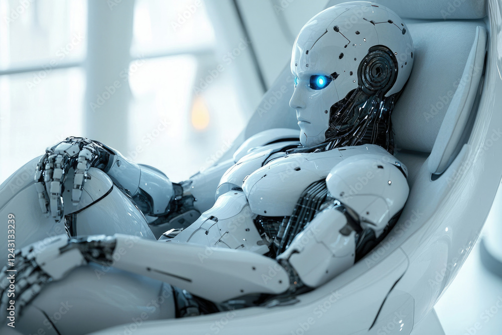 Poster a sophisticated humanoid robot reclines in a futuristic chair, showcasing advanced robotics and arti