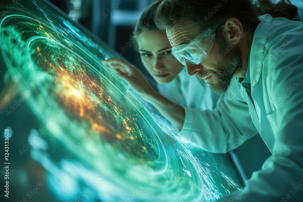 Aufkleber Scientists meticulously examine a dynamic, data-rich holographic projection, possibly a global network visualization.