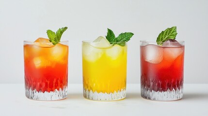Fototapeta premium Three Colorful Cocktails with Ice and Mint
