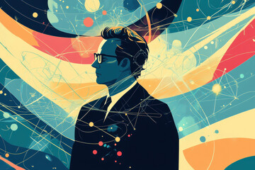 scientist in suit stands against vibrant abstract background, symbolizing innovation and discovery. colorful swirls and patterns evoke sense of creativity and exploration