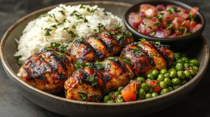 A Jamaican jerk chicken with rice and peas