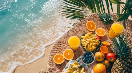 Naklejka premium Flat lay of minimalist picnic setup with fresh fruit on the beach.
