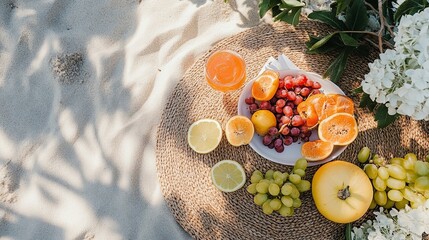 Flat lay of minimalist picnic setup with fresh fruit on the beach.