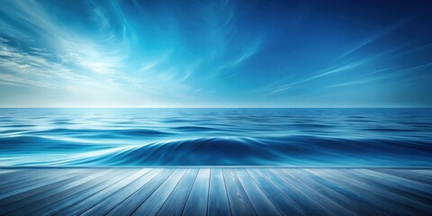 Serene Ocean View Wooden Deck Overlooking a Calm Sea Under a Tranquil Blue Sky