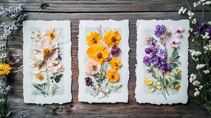Flat lay of pressed flower arrangements on handmade paper.