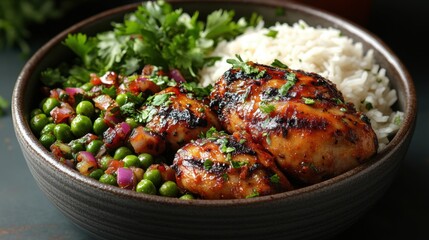 A Jamaican jerk chicken with rice and peas