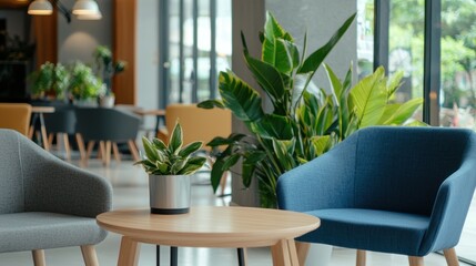Staycation budget. Cozy seating area with potted plants in a modern indoor space.