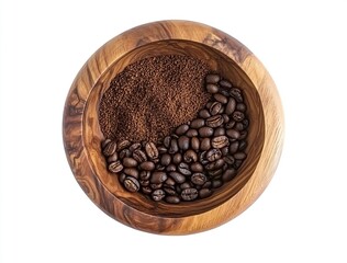 Coffee beans and ground coffee in a wooden bowl, isolated on a white background, top view. Stock photo contest winner. 