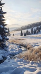 A serene winter landscape in the Scandinavian region, with snow-covered fields and forests
