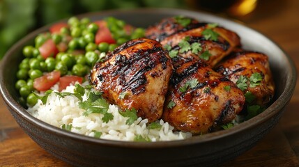 A Jamaican jerk chicken with rice and peas