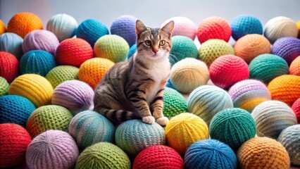Obraz premium A Tabby Cat Comfortably Seated Amongst a Multitude of Vibrantly Colored Yarn Balls