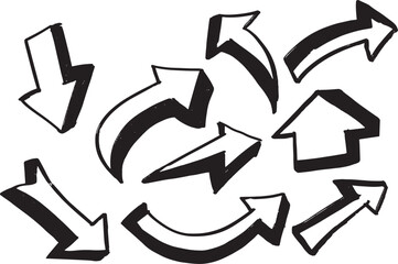 arrow 3d black different direction Sketch chalk pencil texture line kid fun arrow icon. Hand drawn grunge crayon brush sketch direction charcoal element set. Vector illustration