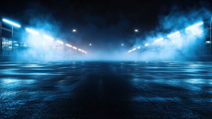 Fototapeta premium Blue Night City Street with Fog and Lights
