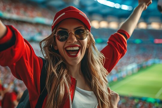 Woman in red outfit taking a selfie to celebrate victory at a stadium sports event