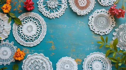 Flat lay of traditional lace doilies, Slovakia Independence Day.