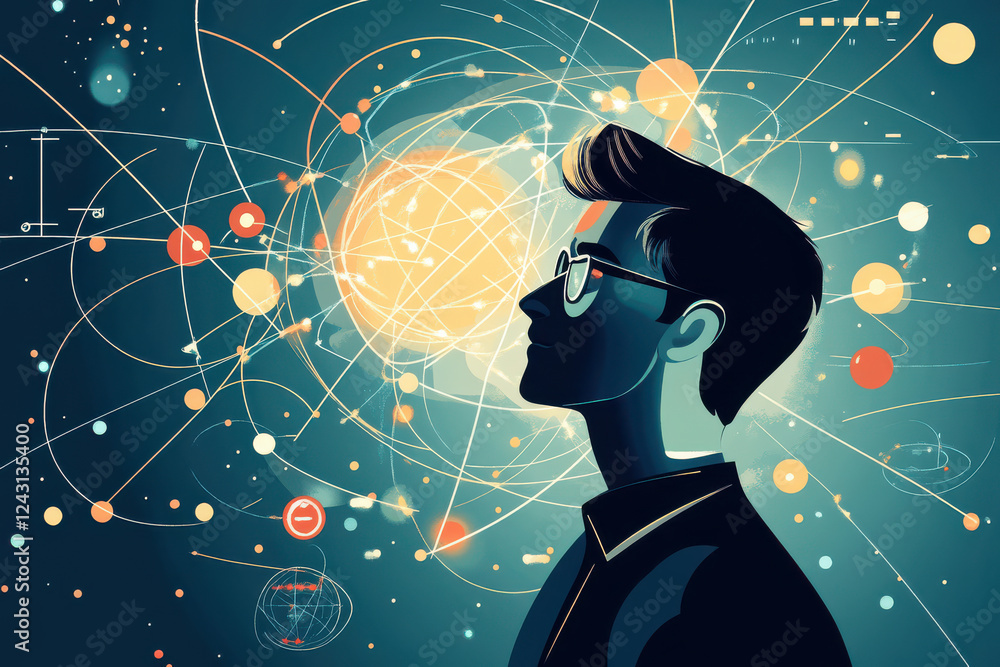 Poster scientist contemplating atomic structures and cosmic phenomena, surrounded by vibrant particles and 