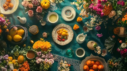 Flat lay of traditional Persian Haft-Seen table elements, Nowruz (Persian New Year).
