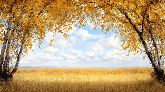Golden autumn birch trees frame scenic field, sky. Landscape for calendar