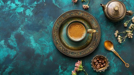 Flat lay of traditional Turkish coffee on an ornate saucer, Republic Day Turkey.