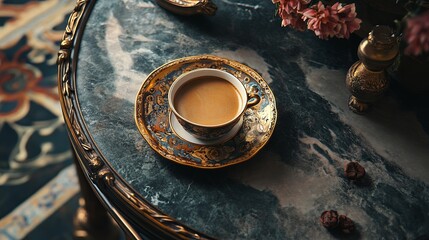 Flat lay of traditional Turkish coffee on an ornate saucer, Republic Day Turkey.