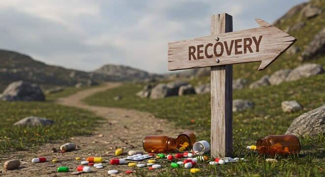 The path to recovery with scattered pills symbolizes overcoming addiction.
