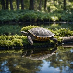Obraz premium Turtle Resting on a Log in a Pond. Turtle in the pond. 