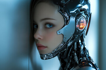 A young woman with a robotic head leans against a wall, her blue eyes conveying a sense of mystery and artificial intelligence.