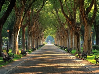 Obraz premium The surreal interweaving of green trees and light and shadow: highlighting the height of the trees and the layering of light, the theme of nature and humanity, very suitable for design and background