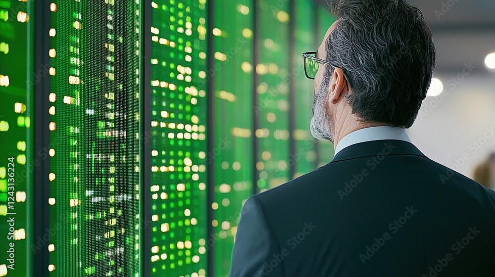 Poster executive analyzing data trends corporate office digital dashboard modern workspace side view busine